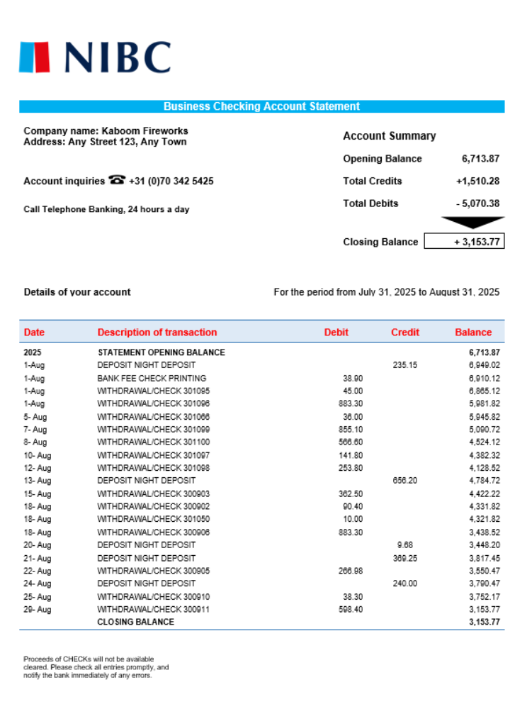 Download NIBC Bank business organization checking  statement Word and PDF format Photoshop template